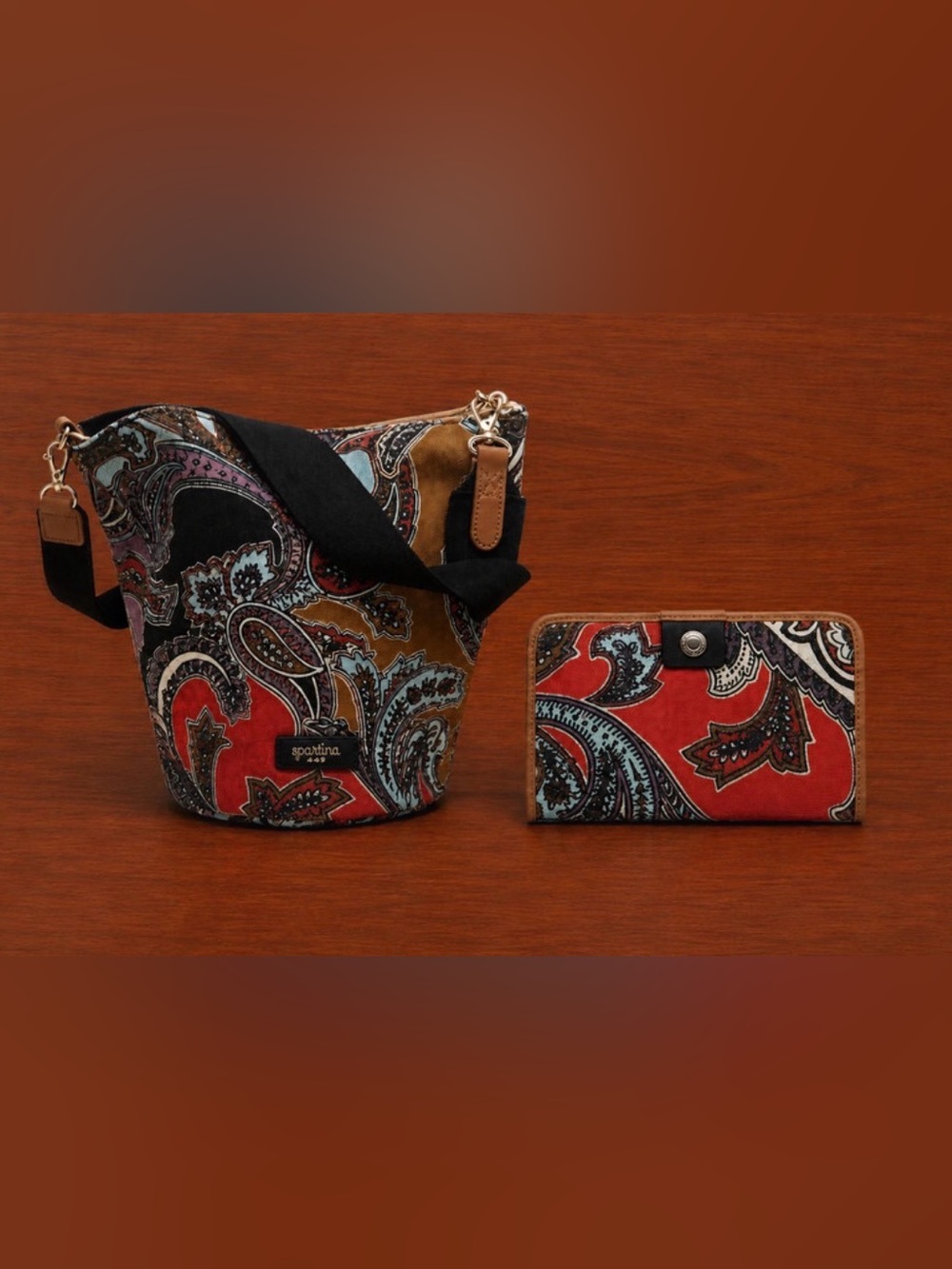 Spartina 449 Paisley Crossbody and Wallet in Red, Brown, and Blue